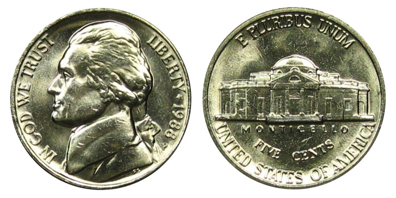 Side-by-side comparison of 1988 nickel Monticello steps: partial steps (left) versus Full Steps designation (right)