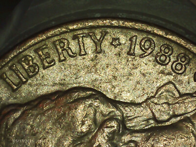 1988-P nickel Doubled Die Obverse (DDO) error showing doubling on Jefferson portrait and LIBERTY lettering