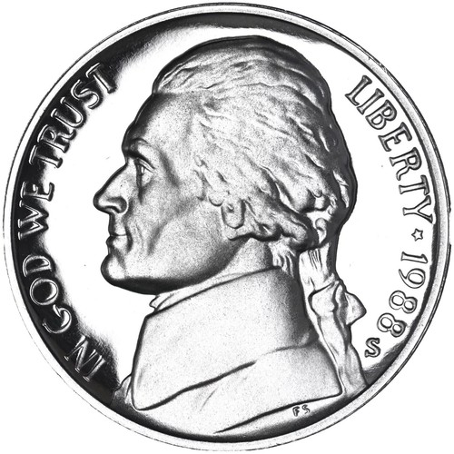 1988 nickel Repunched Mint Mark (RPM) error showing doubled or shadowed P or D mint mark under magnification