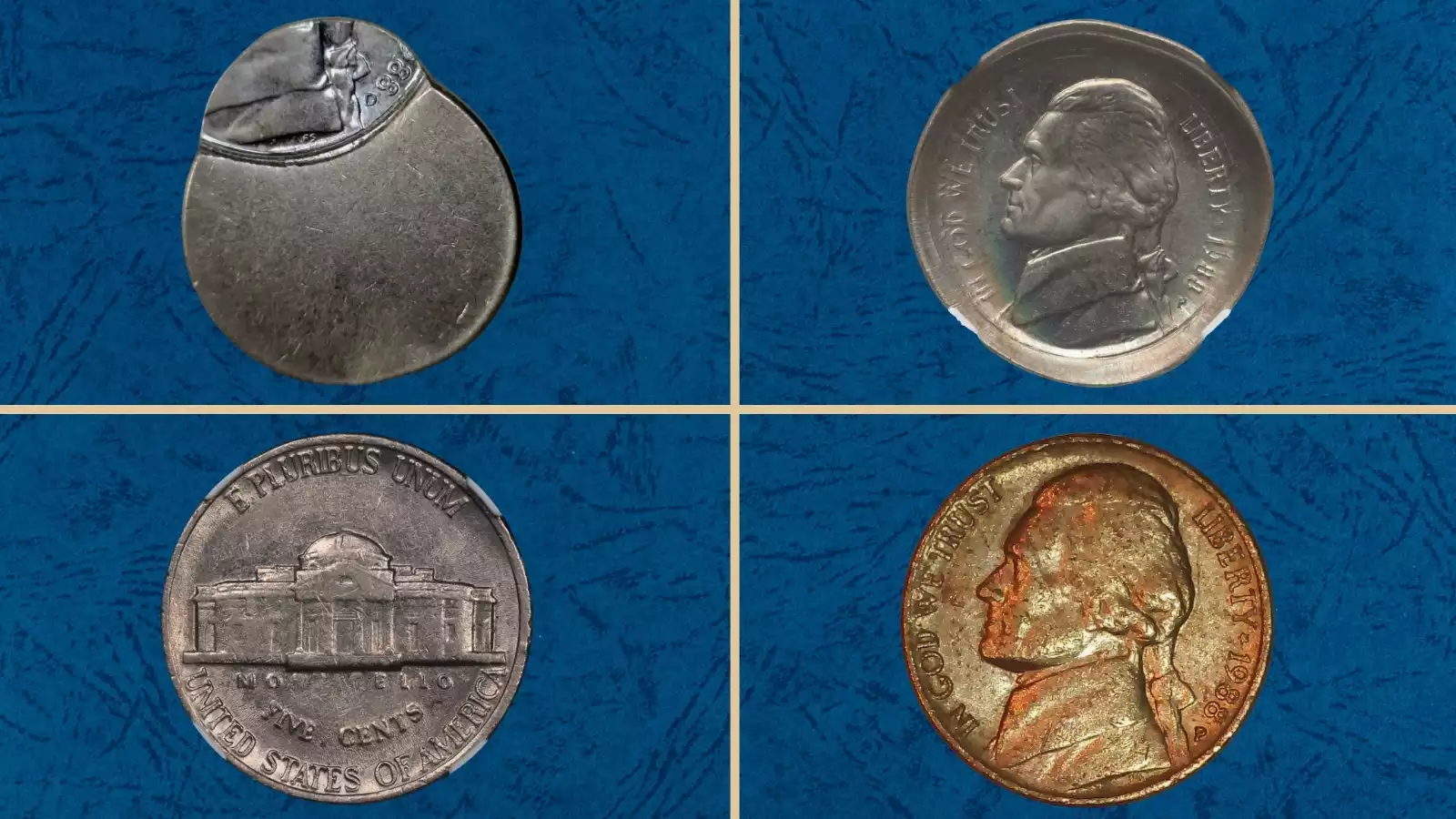 Group of 1988 Jefferson nickels in various grades showing the range of production from worn to uncirculated specimens