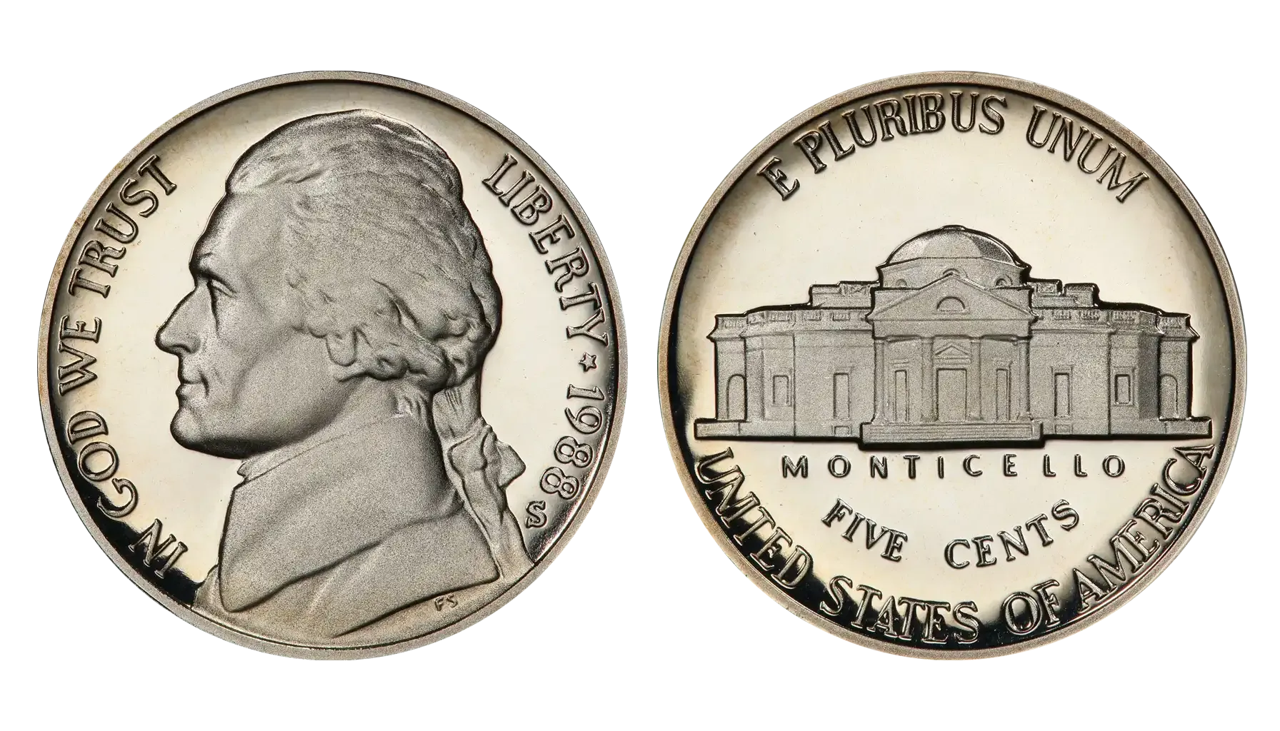 1988 Jefferson nickel grading strip showing four condition tiers from worn to gem uncirculated